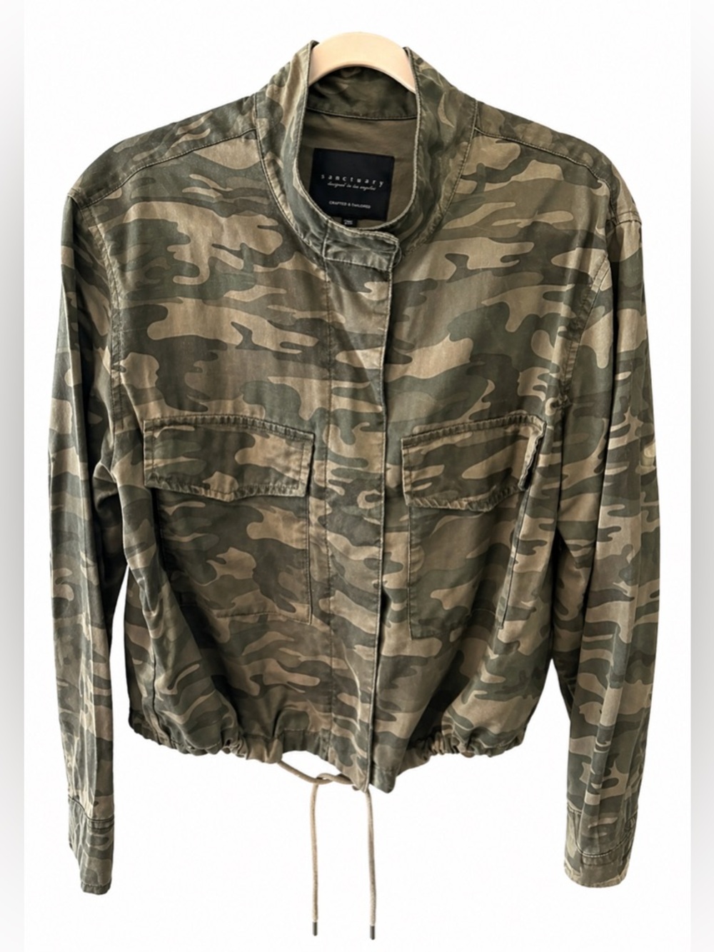 Camo Utility Jacket Womens Large Lightweight Army Green Drawstring